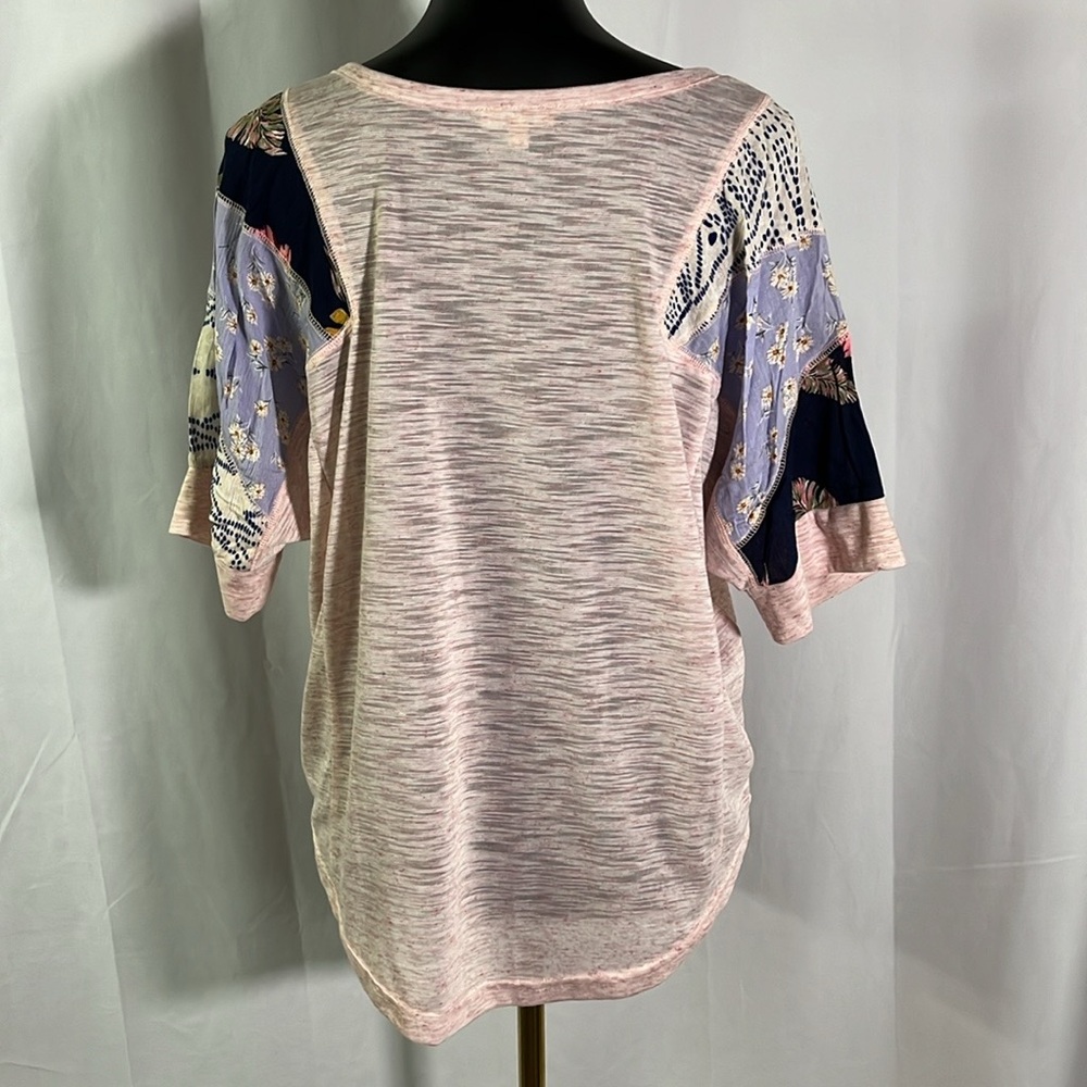 Kori Pink Space Dyed Patchwork Split Neck Oversized Short Sleeve Top - Picture 2 of 16